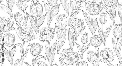 Dense seamless pattern of detailed hand drawn black and white tulip flowers and leaves covering the entire surface.
