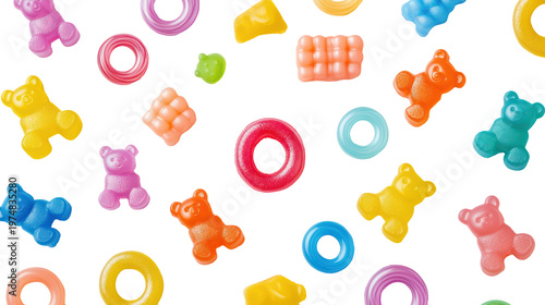 A colorful assortment of gummy candies on transparent background