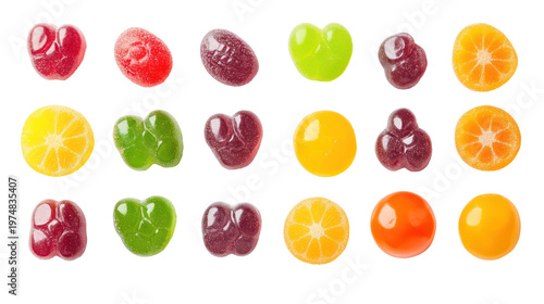 A colorful arrangement of gummy candies on transparent background