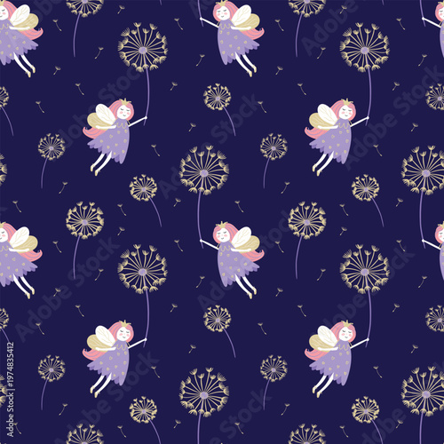 Seamless pattern with cute little fairies flying with dandelions on dark purple background