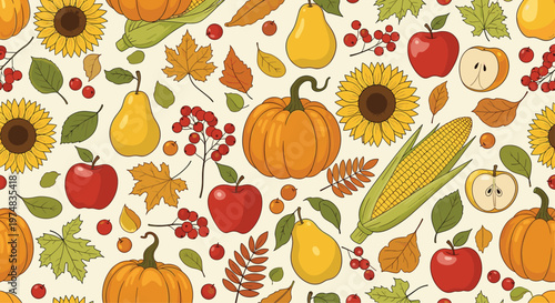Autumn harvest seamless pattern featuring ripe pumpkins, sunflowers, apples, corn, rowan berries, and falling leaves on beige.