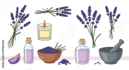 Aromatic lavender collection featuring bouquets, essential oil bottles, a lit candle, lavender buds, and a stone mortar.
