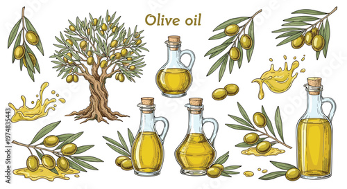 Comprehensive olive oil set featuring an olive tree, branches with fruit, glass bottles of oil, and dynamic liquid splashes.