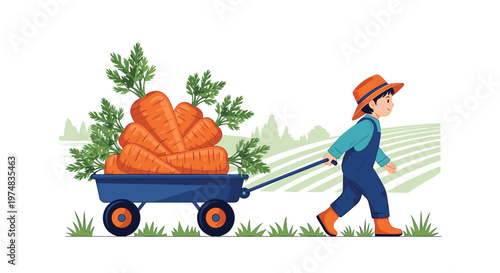Cute cartoon farmer boy pulling a blue wagon overflowing with giant orange carrots across a rural field under a clear sky.