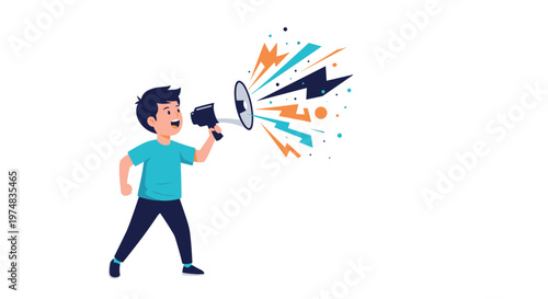 Cartoon illustration of a young boy shouting into a megaphone with colorful abstract lightning and geometric elements.