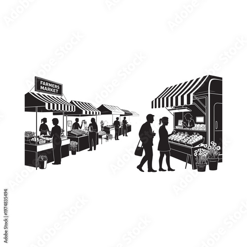 A bustling farmers market scene with vendors and shoppers in silhouette