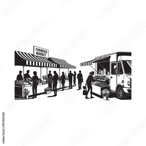 A bustling farmers market scene with vendors and customers in black and white