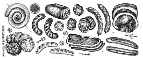 Sausage and Deli Meat Hand Drawn Vector Food Illustrations Set In Vintage Engraving Style