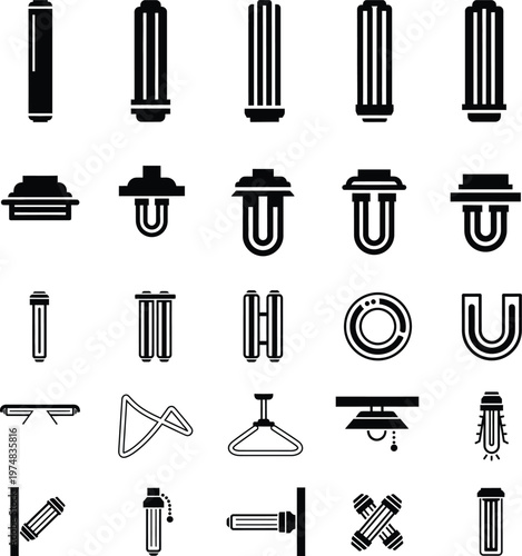 Set of fluorescent lamp and lighting fixture icons with fluorescent lighting electric discharge