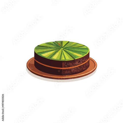 Delicious chocolate cake with caramel frosting and three golden spherical toppings, garnished with a green mint leaf, on a white background