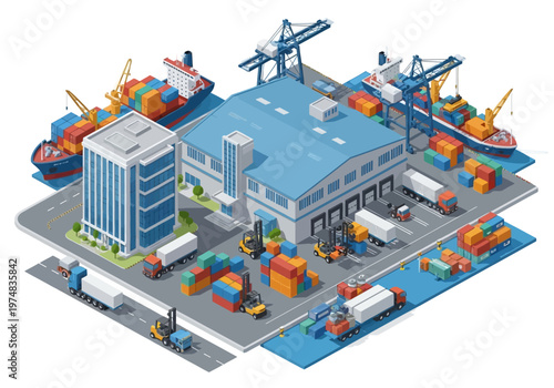 Industrial harbor cargo handling operations.