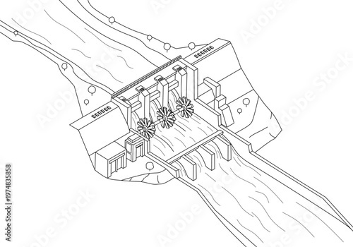 Technology dam line drawing of a hydroelectric dam with turbines for modern energy solutions, suitable for renewable energy concepts.