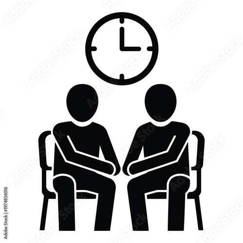 Two simplified people icons sitting on chairs facing each other with a clock graphic above their heads symbolizing waiting time meeting appointment 