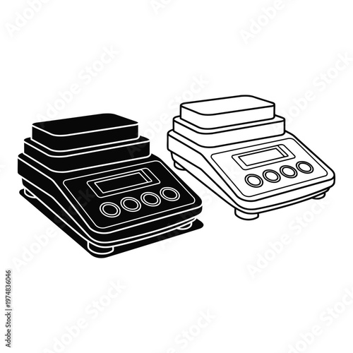 Two digital laboratory weighing scales presented side by side with one depicted in silhouette and the other as a line drawing showcasing precise measurement 