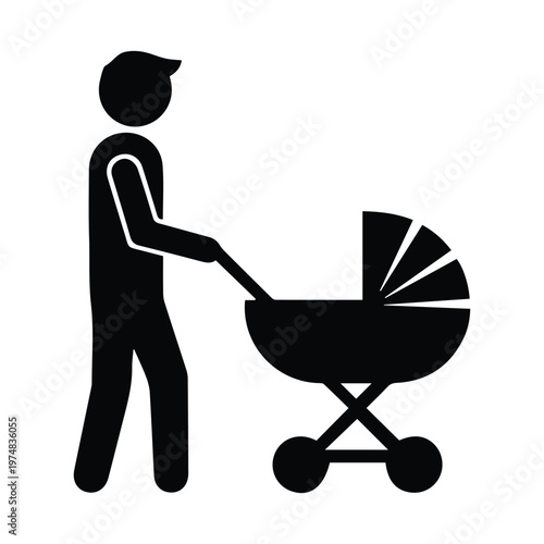 Father pushing baby stroller silhouette icon representing parental responsibility and daily routine