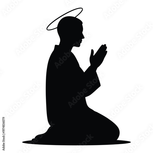 Symbolic silhouette of a person kneeling in prayer with a halo above their head representing a saint angel or divine being contemplating a spiritual moment in quiet devotion and reverence