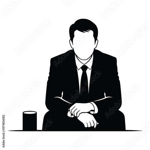 Stylized Silhouette of a Man in a Formal Suit and Tie Sitting with Folded Hands on a Table Waiting Patiently for an Interview or Meeting Representing Professionalism and Business
