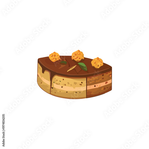 Delicious chocolate cake with caramel frosting and three golden spherical toppings, garnished with a green mint leaf, on a white background