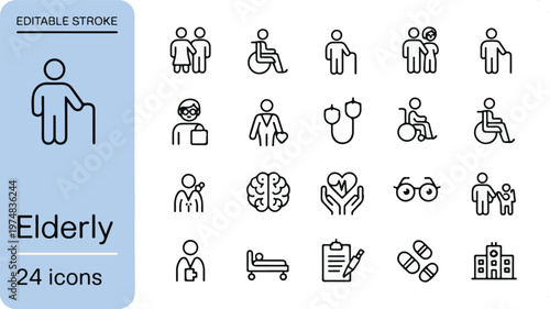 Elderly Icons: A comprehensive set of line art icons depicting various aspects of elderly life, health, and care, ideal for web design and informative resources.