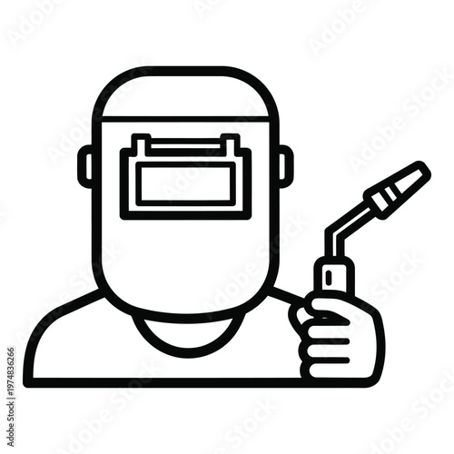 Simple line art illustration of a welder wearing a protective mask and holding a welding torch equipment ready for work representing industrial 