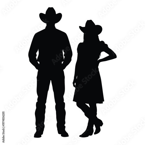 Silhouettes of a cowboy and cowgirl standing together wearing traditional cowboy hats and boots suggesting a rural lifestyle and western culture with a sense