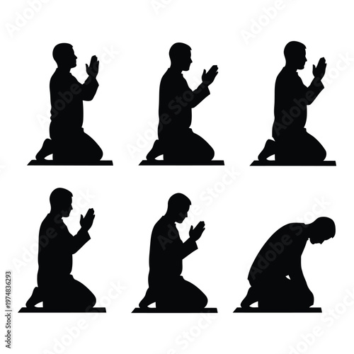Silhouettes of men in prayer poses representing different stages of devotion and contemplation isolated on a white background symbolizing spirituality and religious practices