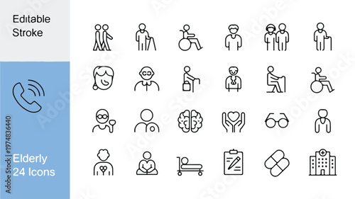 Elderly Icons: A collection of meticulously crafted, minimalistic icons, each one a testament to the diverse facets of elderly life and care, ideal for illustrating concepts of health, well-being.
