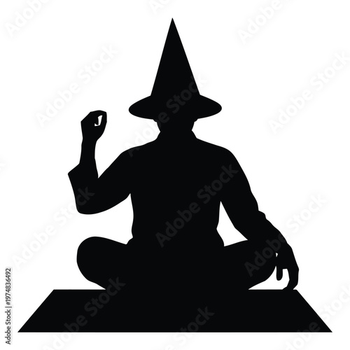 Silhouette of a person wearing a conical wizard hat and robes sitting in a lotus meditation pose on a mat with one hand raised in a gesture of focus