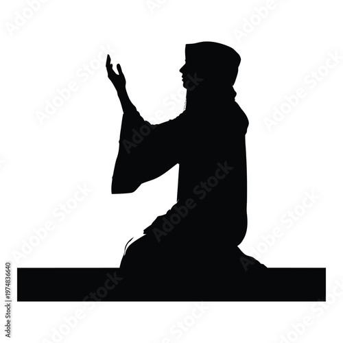 Silhouette of a Muslim woman wearing a hijab and traditional clothing kneeling and praying with her hands