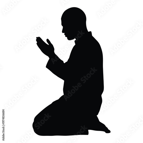 Silhouette of a Muslim man kneeling and praying with hands clasped in devotion representing faith and spiritual connection isolated
