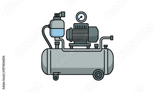 Illustrated Air Compressor with tank gauge and motor, industrial equipment concept
