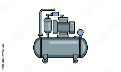 Illustrated Air Compressor with tank gauge and motor, industrial equipment concept