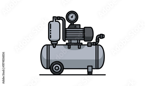 Illustrated Air Compressor with tank gauge and motor, industrial equipment concept