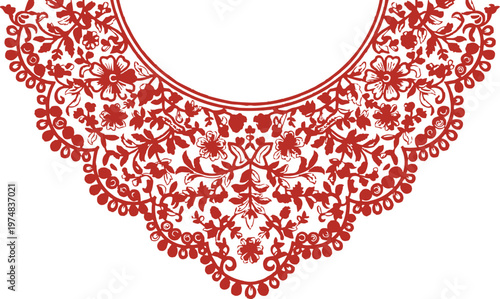 A romantic red design for a Valentine's Day celebration card or wedding invitation with a floral heart ornament and an attractive neckline design.