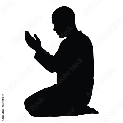 Silhouette of a devout Muslim man kneeling in prayer with hands raised and palms facing upwards in a gesture of supplication and devotion to God during religious observance