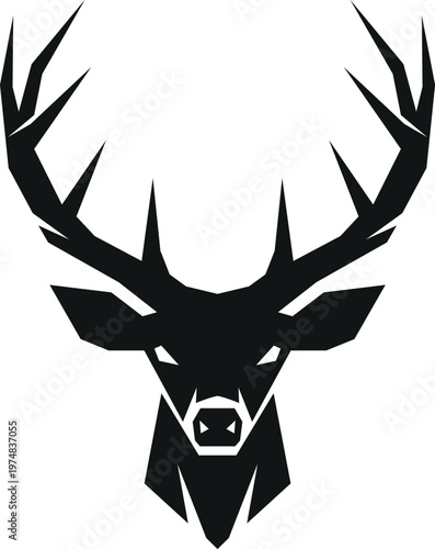 Stylized black silhouette of a deer head with large antlers