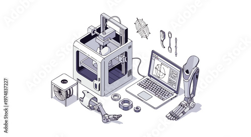 Isometric 3D Printing of Medical Prosthetic Limbs and Bionic Robot Parts Illustration
