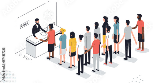 Diverse group of people waiting in line for job interview with recruiter at desk, business concept