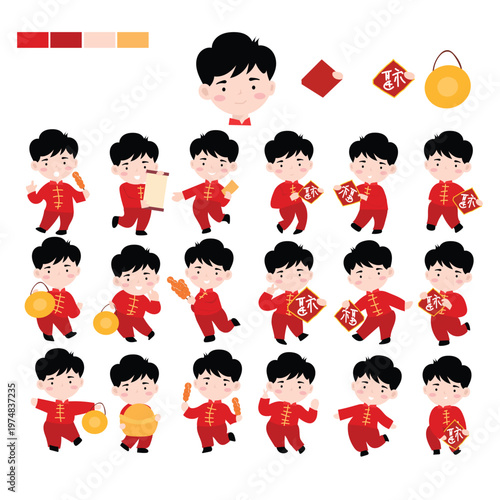 Set of different chinese boy variant expression and body gesture cartoon