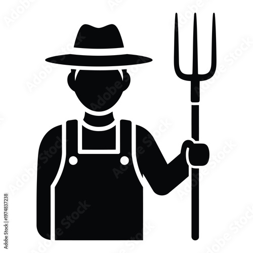 Man wearing overalls and a hat holding a pitchfork  farm worker icon  silhouette of a person in a rural setting