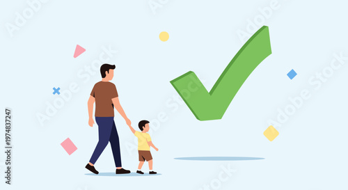Father and son walking together with a large green checkmark symbolizing success, approval, and agreement in a happy family setting.