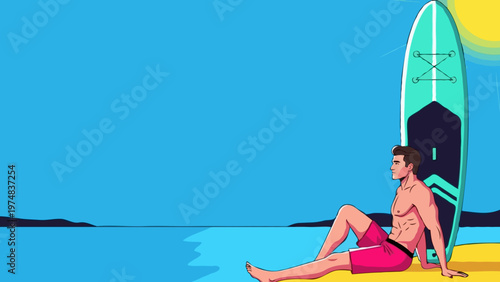 Athletic man in pink swim trunks sitting on a sunny beach next to a turquoise surfboard on yellow sand. Vibrant pop art vector illustration with high contrast shadows and bright summer lifestyle.