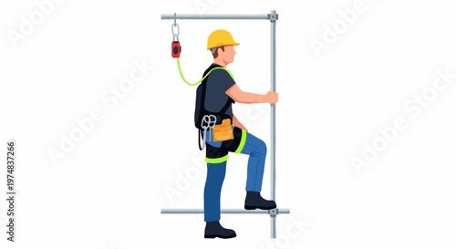 Safety conscious construction worker wearing yellow hard hat and fall protection harness on metal scaffolding. Clean flat vector illustration on white background showing workplace safety concept.