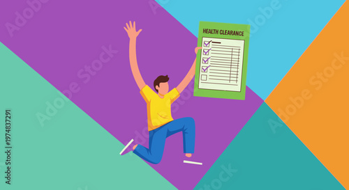 Happy person jumping with joy holding a health clearance certificate, celebrating good health and freedom from illness.