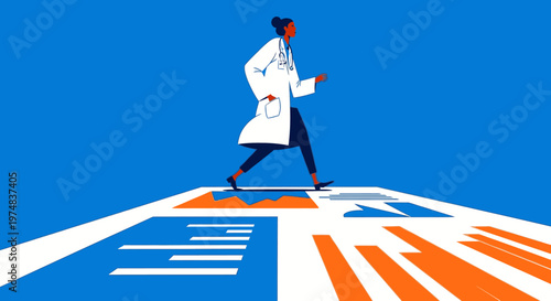 Medical professional walking on a path of data charts and graphs, symbolizing progress in healthcare research, analytics, and scientific innovation.
