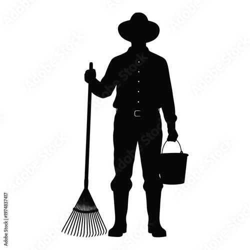 Man in hat holding rake and bucket  farm worker silhouette  agriculture  gardening  outdoor work