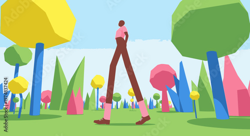 Minimalist illustration of a person with long legs walking through a whimsical, colorful park. Geometric trees and plants against a serene sky.