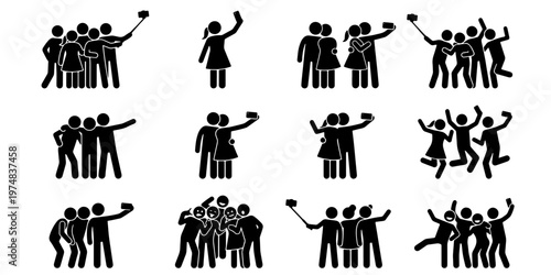 Selfie stick stickman icon set, people taking photos with smartphones, group of friends posing for mobile photography, 12 vector silhouettes