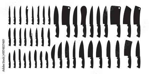 Professional chef knives silhouette collection showcasing various blade shapes for culinary use and butchery.