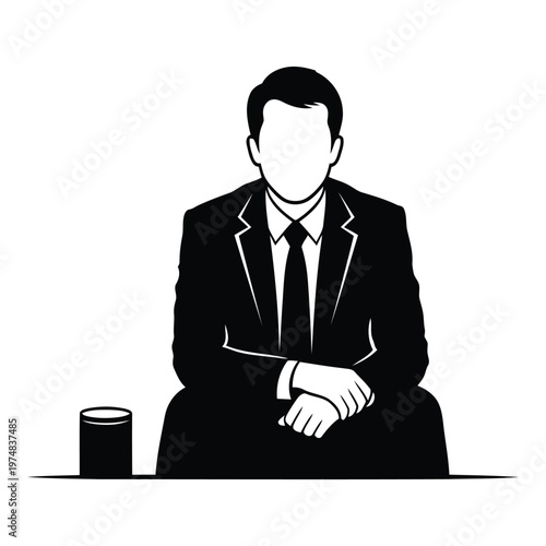 Man in a suit sitting at a desk with a cup of coffee  businessman in formal wear resting his arms on the table  office worker in a relaxed position